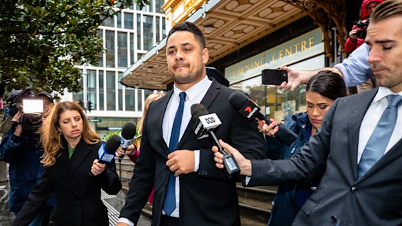 Jarryd Hayne leaves court after being convicted of sexual intercourse without consent.
