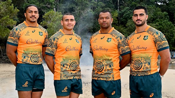 Wallabies players Pete Samu, Izaia Perese, Kurtley Beale and Tom Wright 
 in the national side’s Indigenous jersey.
