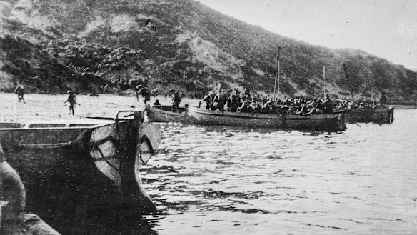 A glass plate negative of the landing at Gallipoli in 1915.