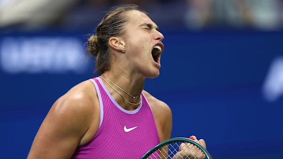 Sabalenka roars in celebration during her US Open final win over Jessica Pegula.