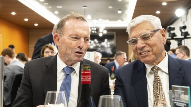 Former prime minister Tony Abbott (left) with No campaigner Nyunggai Warren Mundine.