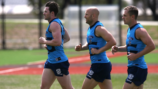 Holy trinity for Geelong fans: Patrick Dangerfield, Gary Ablett Jnr and Joel Selwood in training.