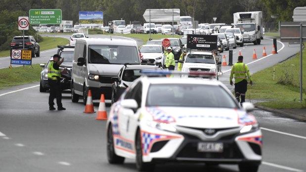 Queues of vehicles at the Queensland-New South Wales border checkpoint in Coolangatta on the Gold Coast on Monday, December 21.