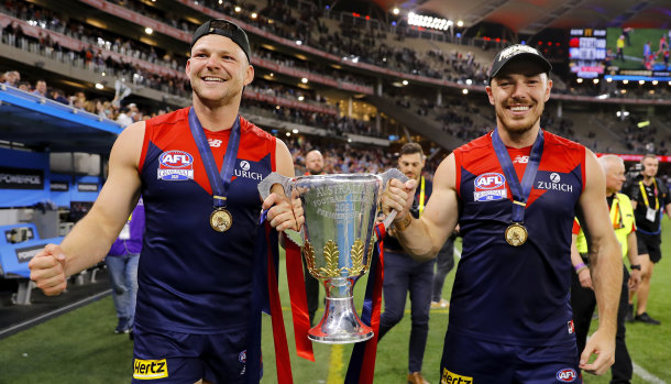 Michael Hibberd (right) with Steven May after the Demons’ 2021 grand final triumph.