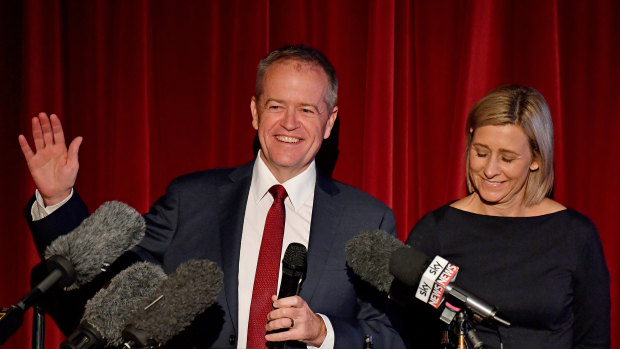 Bill Shorten with Labor's successful candidate for Longman, Susan Lamb, on Saturday night. 