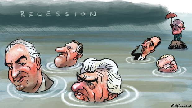 Ghosts of past global shocks: Gough Whitlam, Malcolm Fraser, Bob Hawke, Paul Keating and Kevin Rudd, while Prime Minister Scott Morrison is still afloat. Illustration: Matt Davidson