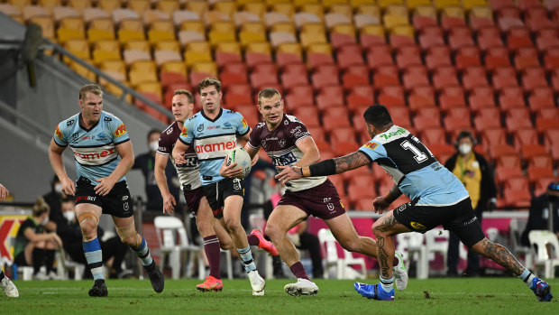 Tom Trbojevic runs as rugby league returned last Sunday at an empty Suncorp Stadium.