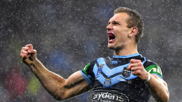 Tom Trbojevic on his way to a hat-trick for NSW in Perth.