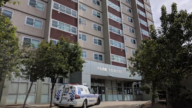 Police outside the apartment block on Park Street on Sunday morning.