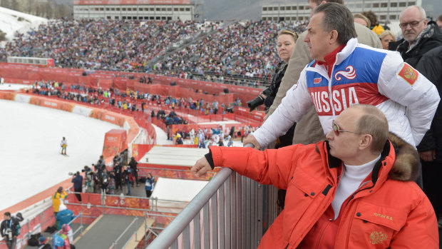 Russian president Vladimir Putin and sports minister Vitaly Mutko survey the scene at the 2014 winter Games in Sochi.