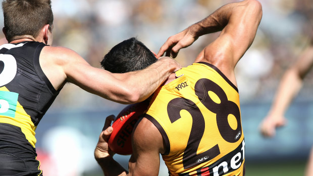 Open to interpretation: Hawthorn's Paul Puopolo not diving, shrugging.