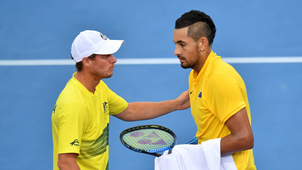 Together again: Lleyton Hewitt (left) and Nick Kyrgios.