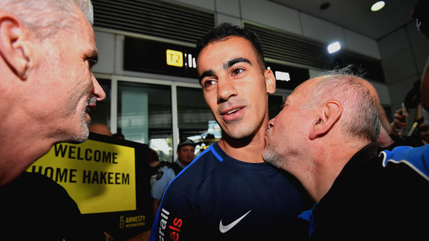 Refugee footballer Hakeem al-Araibi on his arrival back in Melbourne.
