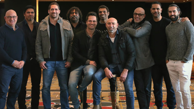 From left: Phil Egan, Che Cockatoo-Collins, Des Headland, Derek Kickett, Gavin Wanganeen, Scott Chisholm, Peter Matera, Kevin Caton, Michael O’Loughlin and Courtney Dempsey.