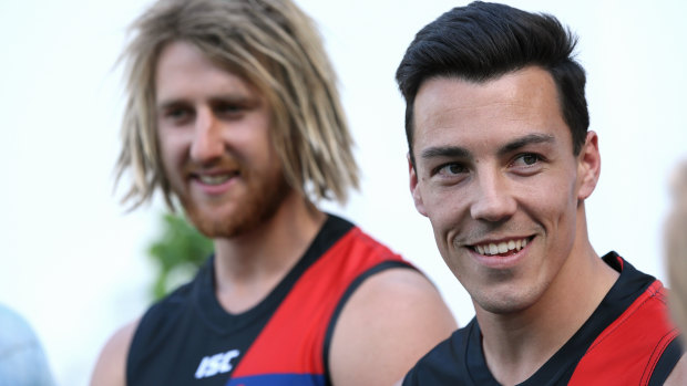 Essendon captain Dyson Heppell and new midfielder Dylan Shiel.