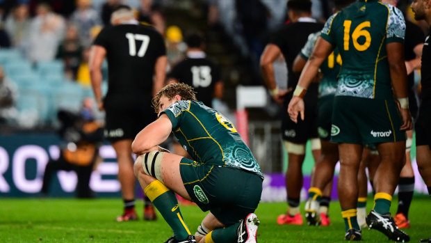 Ned Hanigan on one knee during the Wallabies' record loss.