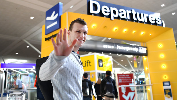 On a mission: Jeff Horn waves goodbye at Brisbane airport en route to Last Vegas.