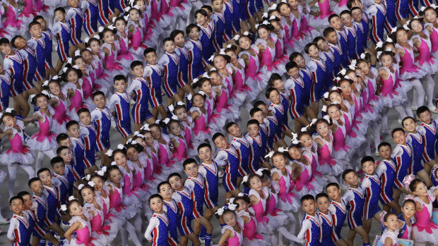 Young performers at a mass games ceremony held in Pyongyang on September 9, 2018.