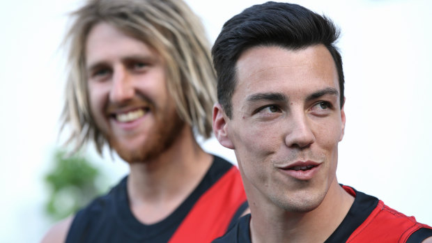 Dyson Heppell with Dylan Shiel yesterday at the MCG.