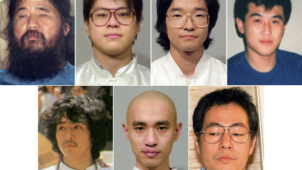 Combination photos shows Aum Shinrikyo cult leader Shoko Asahara, top left, and some of his cult members.