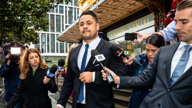 Jarryd Hayne leaves court after being convicted of sexual intercourse without consent.