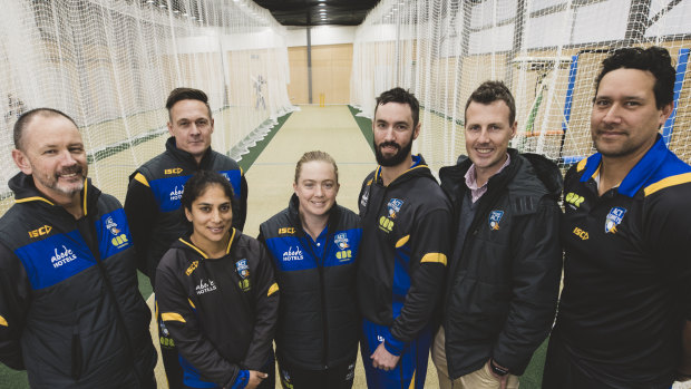 The Meteors' coaching staff (l-r): David Drew, Stu Karpinnen, Lisa Sthalekar,  Rebecca Maher, Jono Dean, James Allsopp and Daryl Tuffey.