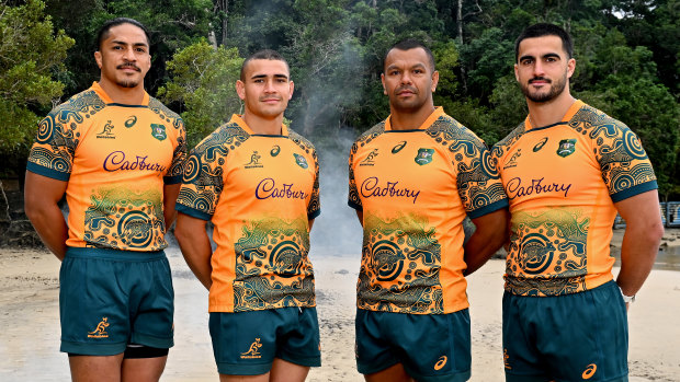 Wallabies players Pete Samu, Izaia Perese, Kurtley Beale and Tom Wright 
 in the national side’s Indigenous jersey.