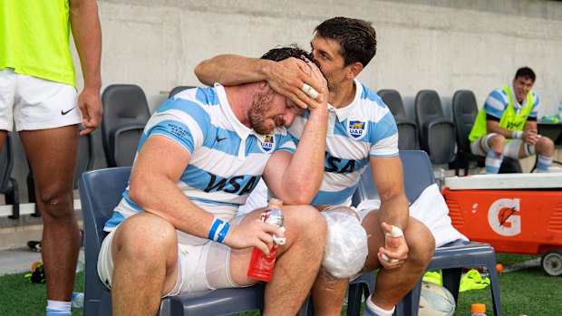 Argentina's Julian Montoya and Tomas Cubelli near full-time. 