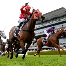 Kerrin McEvoy punches the air as Redzel wins the Everest.
