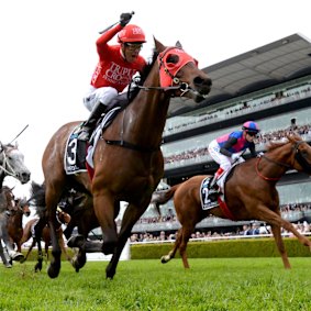 Kerrin McEvoy punches the air as Redzel wins the Everest.
