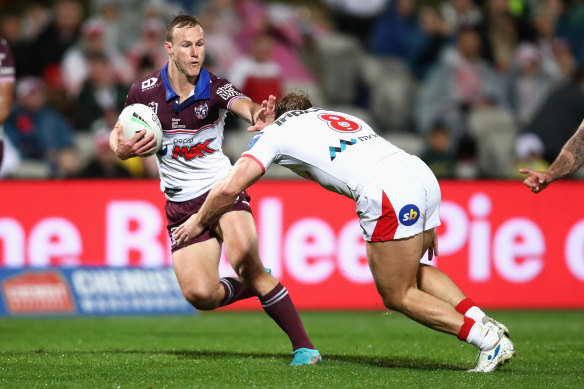 Daly Cherry-Evans is tackled at Netstrata Jubilee Stadium.
