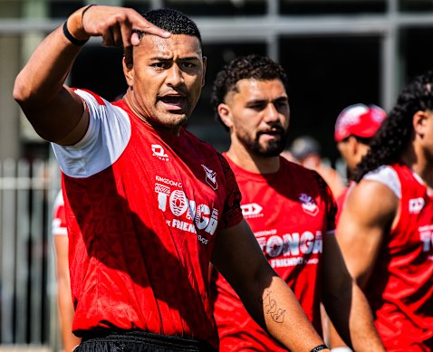 Haumole Olakau’atu calls the shots at Tonga training on Tuesday.