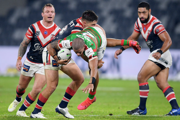 Victor Radley could be in hot water for this tackle on South Sydney's Dane Gagai.