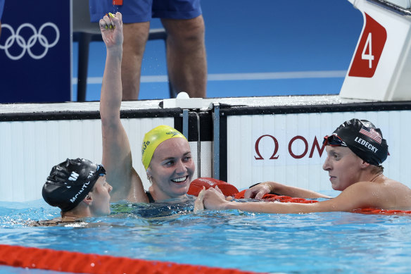 Australia’s Ariarne Titmus celebrates her victory over Canada’s Summer McIntosh (left) and Katie Ledecky.