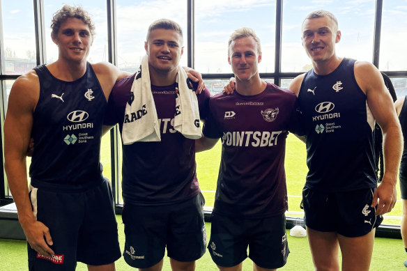 Carlton’s Charlie Curnow (left) and Patrick Cripps with Sea Eagles pair Josh Schuster and Daly Cherry-Evans.