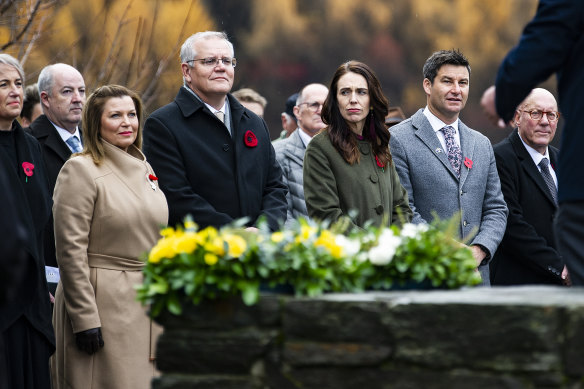 Jenny Morrison, Australian Prime Minister Scott Morrison, New Zealand Prime Minister Jacinda Ardern, and her partner Clarke Gayford look on during the Wreath Laying ceremony at the Arrowtown War Memorial in Queenstown.