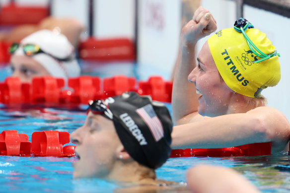 Ariarne Titmus celebrates her victory over Katie Ledecky.