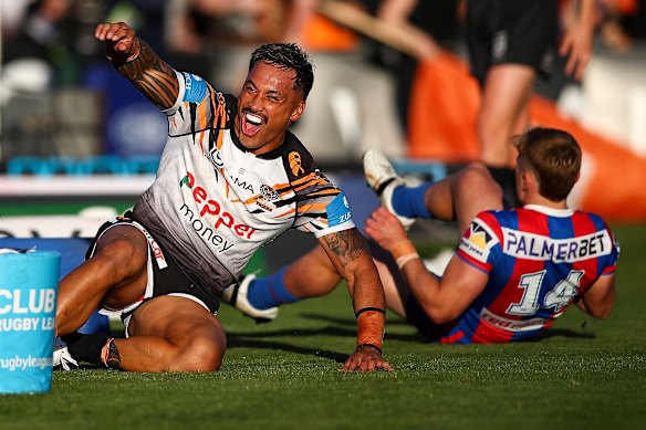 Patrick Herbert scores a try during his first match in the NRL since 2022.