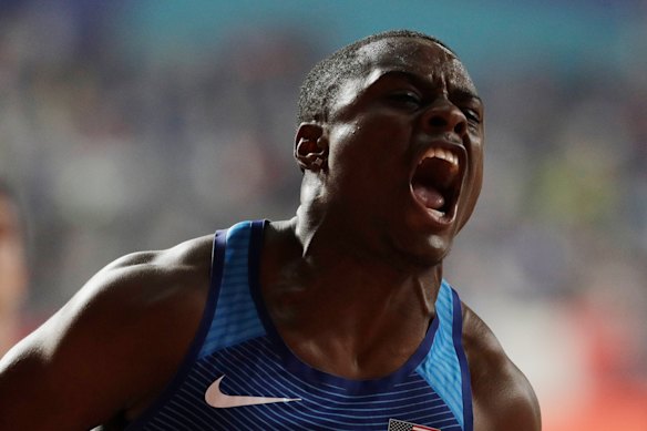 Coleman winning gold in the 100m at the 2019 world championships in Doha. 