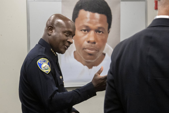 Police Chief Stanley McFadden speaks during a press conference in Stockton, California, on the arrest of suspect Wesley Brownlee (pictured).