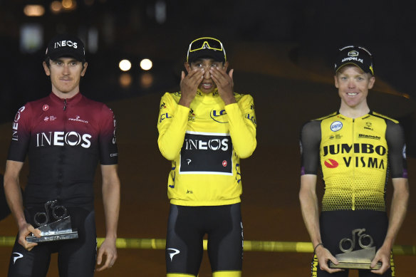 Tour de France winner Egan Bernal (centre), runner-up Geraint Thomas (left) and third-place Steven Kruijswijk (right) in Paris after the final stage of last year's race. 