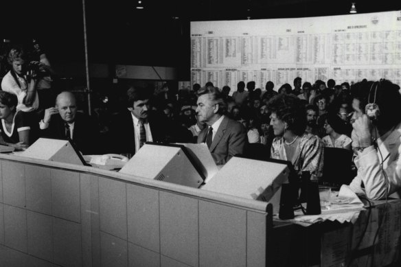 Election night, March 1983: Barrie Cassidy interviews Bob Hawke for the ABC in the tally room. He would soon be working for prime minister Hawke as press secretary.