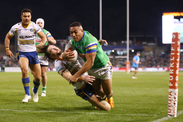Albert Hopoate crashes over for a try against Parramatta on Saturday