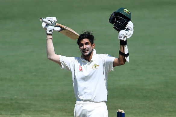 Jason Sangha celebrates his ton against England in 2017.