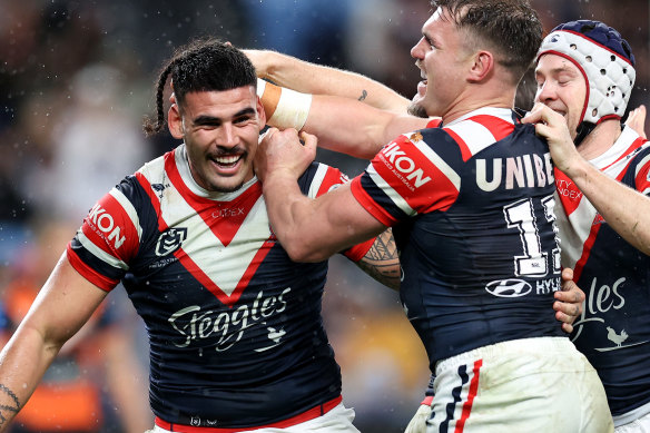 Terrell May celebrates a barnstorming try.