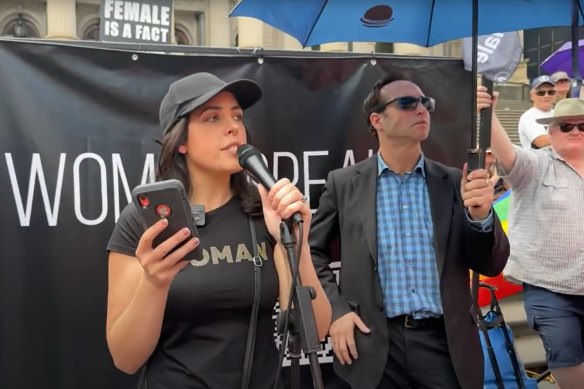 Moira Deeming speaking at the anti-trans rights rally at Parliament House on Saturday.