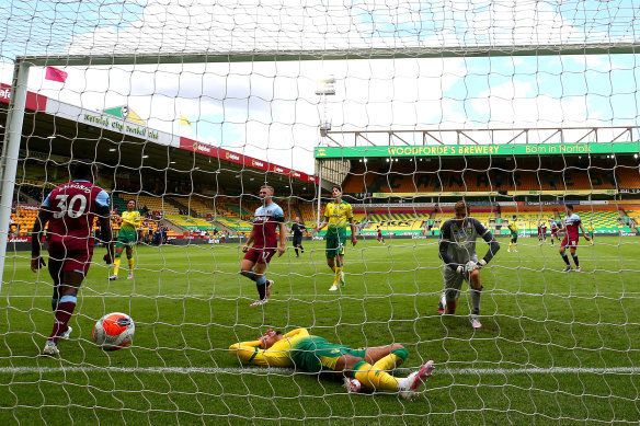 Michail Antonio celebrates his third goal against now-relegated Norwich.