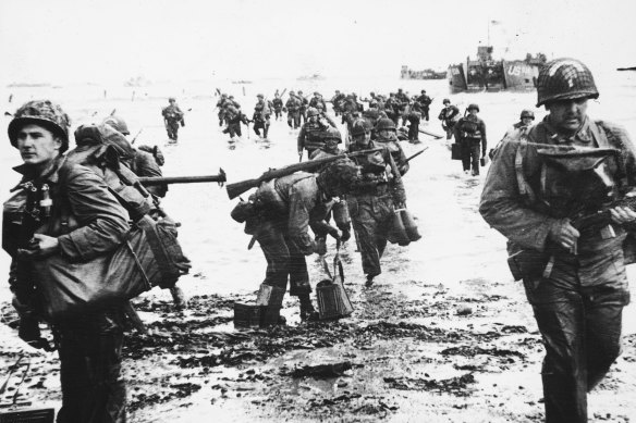 US troops taking part in Normandy landings in June 1944. 

