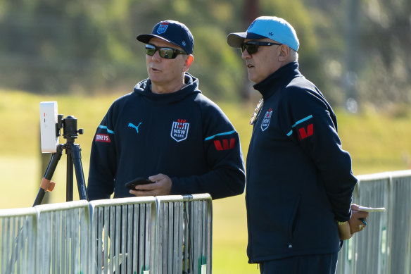 Gilbert Enoka (right) with Peter Cox at NSW training on Wednesday.