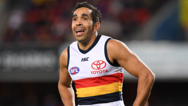 Eddie Betts of the Crows reacts after scoring his fifth goal.